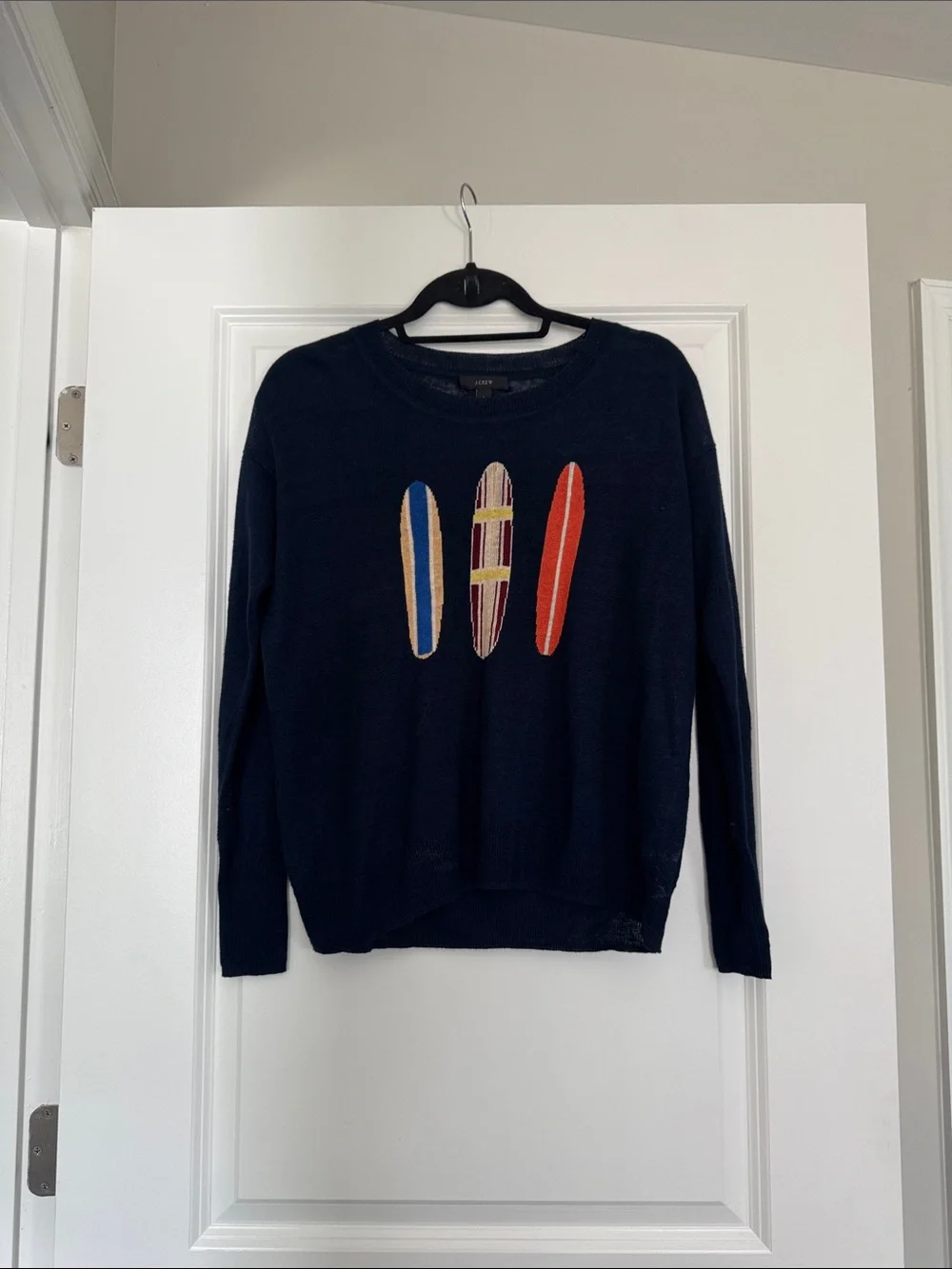 J. Crew Navy Crewneck Linen Sweater with Surfboard Appliqués - Picture 1 of 3
